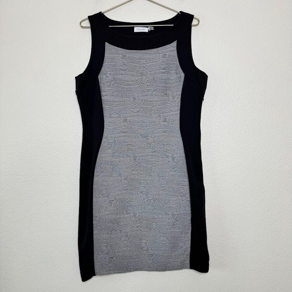 Calvin Klein Dress 14 Black Gray Textured Colorblock Sheath Pencil Sleeveless